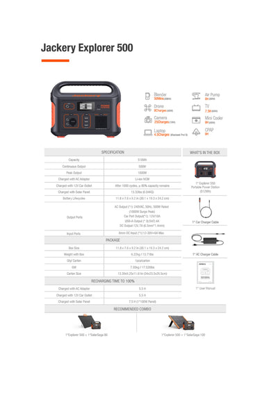 Jackery Explorer 500Wh Portable Power Station - Back order